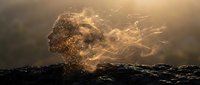 Powerful ocean wave crashing with dramatic golden sunlight creating spectacular water splash and spray against stormy seascape during sunset.