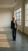 Confident mature businesswoman in elegant suit standing in modern loft office space with large windows and natural lighting for corporate presentations.