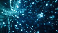 Digital mail icons and glowing particles flowing through cyberspace in blue tones creating dynamic motion effect for technology and communication concepts.