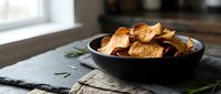Homemade crispy potato chips in black bowl on kitchen counter with natural lighting for snack food and cooking content.