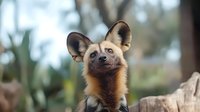 African wild dog close up portrait showing distinctive large round ears and reddish-brown fur against natural blurred background, looking upward with alert expression.