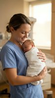 Caucasian female nurse in blue scrubs gently holds a swaddled sleeping newborn in a hospital maternity ward, smiling warmly.