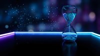 Futuristic digital hourglass with glowing neon lights on reflective surface against cosmic space background with stars and nebula effects for technology concepts.