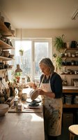 Senior Caucasian woman potter crafting ceramic bowl in sunlit pottery studio workshop with tools, plants and handmade ceramics on wooden shelves.