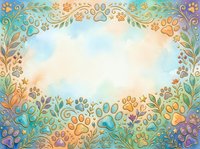 Watercolor paw print border frame with ornamental foliage, leaves, and floral elements in turquoise, orange, and purple tones on isolated white background for pet-related designs.