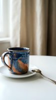 Handcrafted ceramic coffee mug with blue and orange glazed finish on white saucer with silver spoon, perfect for morning beverage photography and cafe branding.