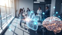 Medical technology concept with glowing brain and heart holograms in modern hospital corridor. Healthcare innovation and digital medicine visualization.
