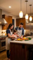 Family preparing fresh vegetables together in modern kitchen with warm pendant lighting and stainless steel appliances for cooking and meal preparation.