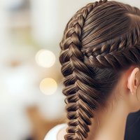 Close-up of intricate fishtail braid hairstyle on brunette woman with brown hair, showcasing detailed hair weaving technique for salon and beauty styling.