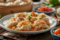 Steamed Asian dumplings topped with spicy chili sauce and green onions served on white plate, traditional dim sum with colorful garnish on wooden table.