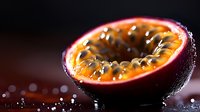 Fresh passion fruit cut in half with water drops and seeds visible in dramatic lighting against dark background, macro food photography.