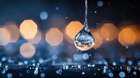 Suspended water drop reflecting light against dark background with golden bokeh lights. Macro photography captures moment of falling droplet with ripples below.