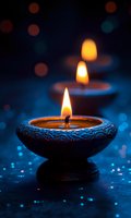 Traditional oil lamps burning with warm flames creating peaceful ambiance against dark blue background with bokeh lights for meditation and relaxation.
