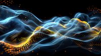 Abstract digital waves with glowing blue and golden particles flowing in dark space creating dynamic network visualization pattern. Suitable for tech backgrounds.