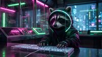 Cyberpunk raccoon hacker in neon-lit control room with holographic displays and futuristic technology setup for gaming and digital art projects.