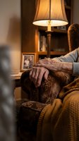 Elderly person's wrinkled hands resting on a vintage armchair in a warm, cozy living room with soft lamp light and bookshelf.