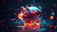Glowing neon piggy bank with cryptocurrency symbols floating around in dark futuristic environment with red and blue lighting effects and reflective surface.