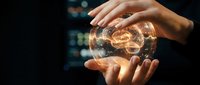 Hands protecting glowing brain hologram with neural networks, representing artificial intelligence, innovation and mental health protection concepts.