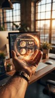 Businessman holding glowing holographic sphere displaying KPI performance metrics and financial charts in modern office workspace with city skyline view.