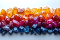 Colorful gradient arrangement of natural crystal stones from yellow through orange, red, and deep blue, creating vibrant rows on white background.