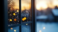 Raindrops on window pane with warm glowing bokeh lights against snowy winter evening background, creating cozy atmospheric mood for seasonal design.