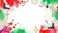 Traditional Asian frame with flying cranes, cherry blossoms and decorative elements on white background for festive designs and cultural celebrations.