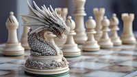 Ornate dragon chess piece knight on marble board with white pawns in background, detailed fantasy game piece with intricate scale texture and carved design.