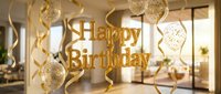 Happy Birthday golden text with balloons and swirling ribbons in a bright festive room, elegant party decoration in gold and white tones.