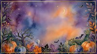 Watercolor autumn frame with pumpkins, leaves and branches on purple starry sky background. Halloween seasonal border design for greeting cards and decorations.