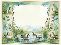 Watercolor frame with geese and ducks swimming in pond surrounded by green plants and reeds on white background for greeting cards and invitations.
