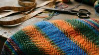 Colorful woven textile with vibrant stripes and herringbone pattern alongside crafting tools and materials on wooden surface for handmade projects.