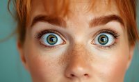 Close-up portrait of young woman with red hair, freckles, and striking green eyes showing surprised expression against turquoise background.