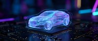 Futuristic holographic car projection on digital circuit board with neon lighting effects for automotive technology and smart vehicle concepts.