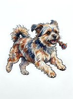 Shih Tzu dog with brown and white coat holding colorful toy rope in mouth, isolated on white background for pet design, clipart, and merchandise applications.