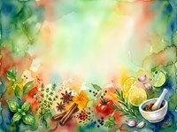 Watercolor herbs and spices border with mortar, cinnamon, basil, lemon, tomato, and garlic on colorful background with copy space.