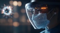 Medical professional wearing protective face shield and surgical mask in dark environment with virus particle visualization. Healthcare concept during pandemic.