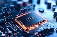 Artificial intelligence processor chip on circuit board with glowing connections and AI text symbol, representing advanced computing technology.