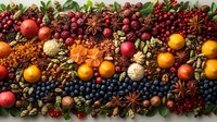 Colorful autumn spices, nuts, berries and fruits arranged in decorative pattern. Seasonal harvest ingredients for cooking, baking and holiday recipes.