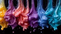 Colorful liquid paint drops falling and splashing with water droplets on black background, creating abstract art pattern in rainbow gradient colors.