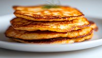 Stack of golden homemade pancakes with crispy edges served on white plate, close-up macro shot showing fluffy texture and caramelized surface.