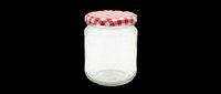 Glass jar with red checkered lid, isolated on transparent background. Ready for stickers, print on demand, T-shirt design, clipart, and sublimation projects.