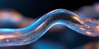 Glowing blue and orange particle wave formation with dynamic motion effect against dark background creates futuristic technology visualization.