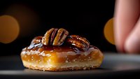 Glazed donut topped with caramel sauce, pecans and drizzled with chocolate on dark background with bokeh lights. Macro food photography.