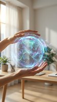 Hands holding glowing digital globe with network connections in bright office space, representing global communication, technology innovation, and worldwide business connectivity.