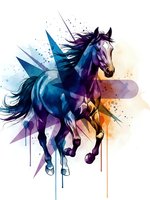 Majestic winged unicorn in dynamic motion with flowing mane rendered in vibrant watercolor splashes and geometric shapes on white background.