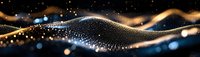 Abstract digital wave with golden particles and bokeh lights flowing on dark background. Futuristic technology concept.