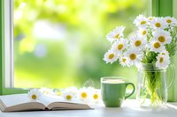 Fresh daisies in glass jar next to open book and green coffee mug on windowsill, bright natural morning light creates cozy reading atmosphere.