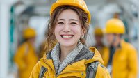 Young Asian female construction worker smiling confidently at industrial site wearing yellow hard hat and safety jacket with colleagues in background.