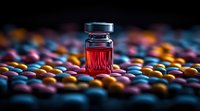 Medical vial with red liquid medication standing on colorful pills background with dramatic lighting and shallow depth of field for pharmaceutical concept.