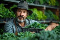 Mature bearded farmer in hat and apron harvesting fresh organic kale in greenhouse. Sustainable agriculture and local food production concept.